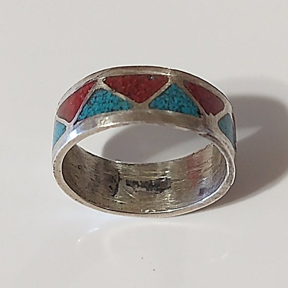 Turquoise Coral Chip Inlay Native American Sterling Silver Ring Size: 3 - Picture 3 of 10